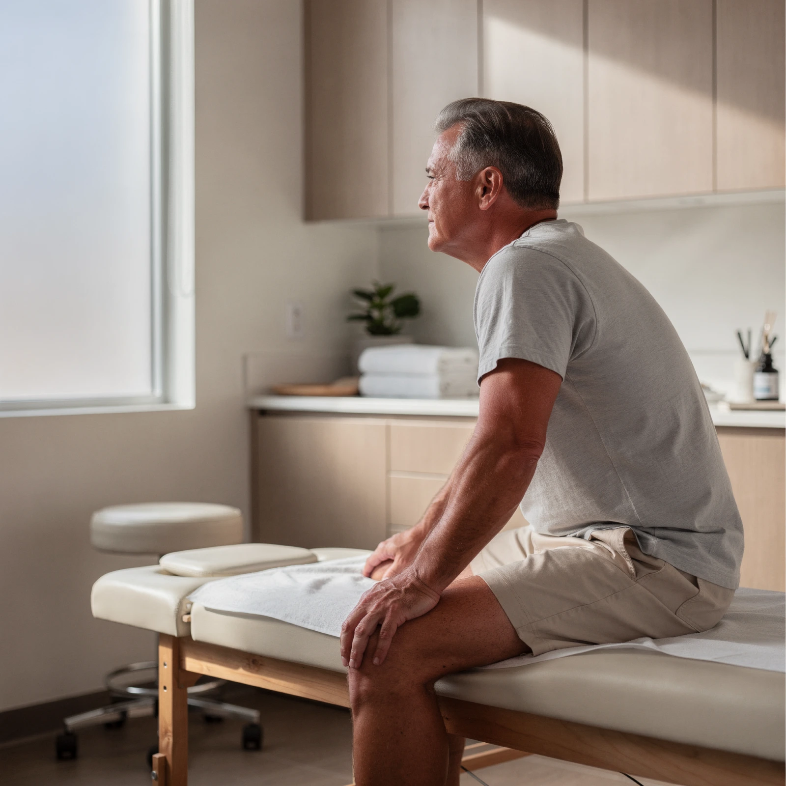Patient sitting on examination table in clinical room, looking toward window
